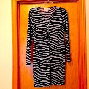 Michael Kors zebra animal print thin sheer knit full zip logo black dress EUC